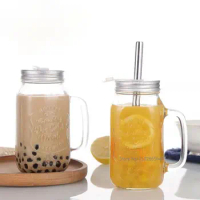 1PC Mason Jar Mugs with Handles Old Fashioned Glass Bottle Juice Drink Clear Glass Water Bottle With Cover Straw Drinkware Cup