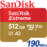 【SanDisk 晟碟】512GB 190MB/s Extreme microSDXC U3 V30 A2 記憶卡(平輸)