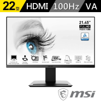 【MSI 微星】(2入組)PRO MP223 22型 VA 100Hz 平面美型商用螢幕(TUV護眼認證/HDMI/1ms)