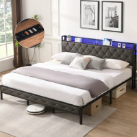 King Size Bed Frame with Storage Headboard,Charging Station and LED Lights,Upholstered Platform Bed with Heavy Metal Slats