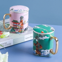 文化創意陶瓷馬克杯帶蓋國潮咖啡杯家用水杯情侶杯子一對結婚禮品