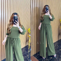 Setelan Crop Top Crinkle Airflow One Set Wanita Atasan Dan Celana Kulot Outfit Remaja Setelan Polos 