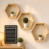 Rak Dinding Hexagonal Kayu Tempel Tempat Hiasan Dinding Gantungan Key Box Murah Default