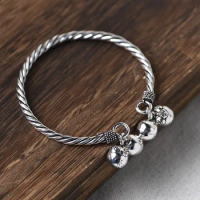 FNJ 925 Silver Bell Charm Bangle for Women Jewelry 100% Original S925 Sterling silver Bangles Rope Good Luck