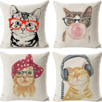 Pillow Cover Cat Pillowcase Animal Kitten Pillowcase Linen Square Cushion Cover Suitable for Sofa Bed Courtyard Car