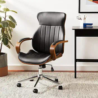 Executive Ergonomic Swivel Chair with Bentwood Mid Back Adjustable Height Black Leather Seat Home Office Furniture 360° Rotation