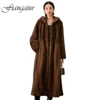 Ftangaiur Winter Coat For Women Import Swan Velvet Mink Fur Coat Women's With Fur Hood Full Sleeve X-long Real Mink Fur Coats
