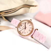 FOSSIL /  Carlie 細緻典雅 晶鑽錶圈 陶瓷手錶-粉x玫瑰金框/30mm