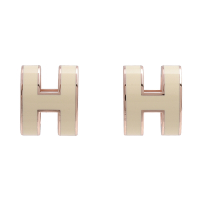 HERMES 經典立體H LOGO簍空橢圓穿式耳環 (白X玫瑰金)
