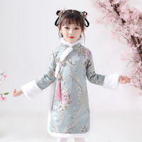 女童旗袍加厚冬裝冬季過年唐裝漢服兒童中國風新年寶寶拜年服棉襖1入