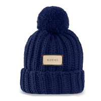 【GUCCI 古馳】652656 品牌標籤造型绒球針織羊毛帽(深藍色M號)