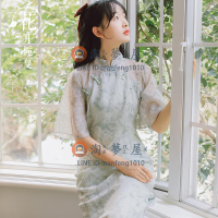 復古新式印花旗袍日常 可穿少女旗袍式洋裝年輕版拼接短袖【淘夢屋】