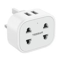 TESSAN White Travel Double Shaver Plug Adapter with 2 USB Ports, 2 Pin to 3 Pin Adapter Plug Socket with Overload Protection