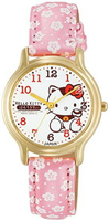 Citizen Q&amp;Q【日本代購】 手錶指針式Hello Kitty 防水皮革錶帶日式花紋日本製造0007N003 女士粉色