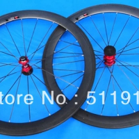 Full Carbon Road Bike Clincher Wheelset 700C - 50mm - black spoke - red hubs