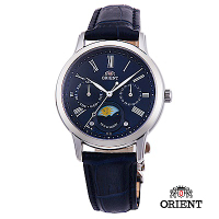 ORIENT 東方錶 SUN&amp;MOON系列 日月相錶 皮帶款 藍色-34.8mm