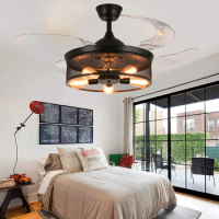 42 Inch Invisible Reversible Ceiling Fan with LED Light and Remote, Retro Industrial Ceiling Light Kits with Retractable Fans