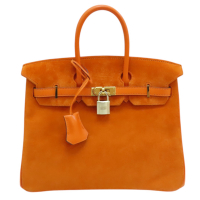 【二手名牌BRAND OFF】HERMES 愛馬仕 橘色 麂皮 Birkin 25 手提包 □J刻 金扣