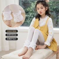 Summer thin girl big lace bud silk satin bow knot cropped trousers children's velvet lace anti-balloon all-match fashion legging