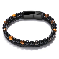 Simple Natural Volcanic Stone Bracelet for Men with Magnetic Clasp, Woven Tiger Eye Stone Beaded Lea