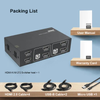 USB2.0 Dual Monitor KVM Switch HDMI 2 Port 4K 2 PC 2 Monitor Switch HDMI 2.0 HDCP2.2 with 4 HDMI Cables and 2 USB Cables