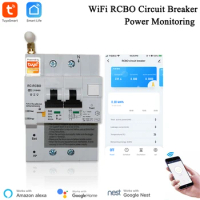 Tuya Smart Life APP RCBO Circuit Breaker with Power Monitoring 2P WiFi RCBO MCB Leakage Current Short Circuit Protection Alexa