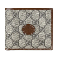 【GUCCI 古馳】GUCCI Interlocking浮雕LOGO緹花PVC拼接牛皮4卡對折短夾(男款/米x棕)