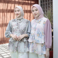 SHAILA BASIC Atasan Blouse Muslim Wanita Dewasa Blus Plisket Baju Motif Model Umpak Furing Lengan Ba