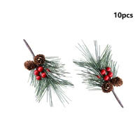 10pcs Artificial Pine Picks Red Holly Berries Christmas Branches Ornament Xmas Tree 8*5cm Decor Wreath Gift Wrap Wedding Party