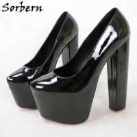 Sorbern Black Shiny 20Cm Block Women Pump Shoes Women Slip On Round Toe Chunky Heeled Size 46 47 48 Custom Colors