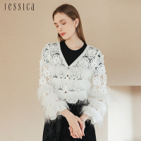 JESSICA - 甜美減齡鏤空刺繡拼接毛毛V領外套J35401