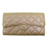 【二手名牌BRAND OFF】CHANEL 香奈兒 卡其色 炫彩 牛皮 菱格紋 荔枝紋 扣式長夾 AP0241
