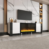 Modern TV Stand with 34.2" Electric Fireplace, High Gloss Entertainment Center with 2 Cabinets, Media Console for TVs up to 70"