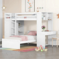 Twin size Loft Bed with a Stand-alone bed, Shelves,Desk,and Wardrobe, Solid Construction, Maximized space, White
