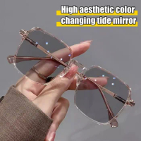 2024 Square Photochromic Glasses Women Ultralight Clear Hd Anti-Blue Light Glasses Discoloration Eyewear Protection Spectacles