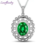LOVERJEWELRY Beauty Green Charms Oval 8x10mm Real 14K White Gold Natural Diamonds Women Emerald Party Pendant Necklace Jewels