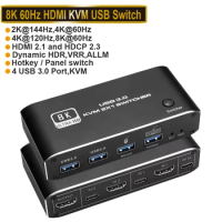 HDMI 2.1 KVM Switch HDMI USB 3.0 KVM Switch 8K 1080@240Hz USB KVM Switcher for Shared Indicator Keyboard And Mouse Printer