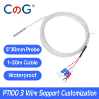 CG 5*30mm Probe Type Stainless Steel PT100 Temperature Sensor Thermocouple with 1/2/3/5m Waterproof High Precision 3 Wire Cable