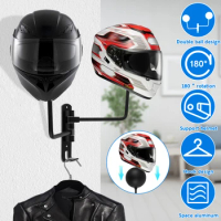 2PCS Single/Dual-Ball Motorcycle Helmet Holder Wall Mount Bike Helmet Rack 180°Rotation Helmet Hanger Steel with Hook Metal Rack
