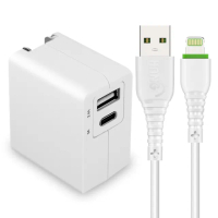 【TOPCOM】Type-C PD+USB雙孔快充充電器+2.6A iPhone/iPad系列Lightning 快充傳輸線R6-白100cm