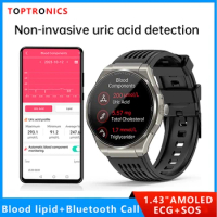 ECG Smart Watch 1.43'' AMOLED Heart Rate Blood Pressure Lipid Uric Acid BMI BT Call SOS Men Fitness Smart watch For IOS Android
