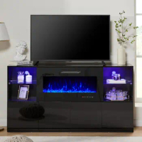 High Gloss 68" Fireplace TV Stand, Media Entertainment Center with Fireplace &amp; LED Lights for TVs up to 78", TV Console Cabinet
