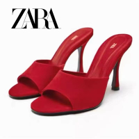 Zara รองเท้าส้นสูง เปิดนิ้วเท้า หนังกลับ สีแดง หัวกลม สําหรับผู้หญิง㏇X0403