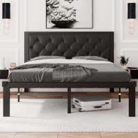 Queen Size Metal Bed Frame with Faux Leather Button Tufted Headboard, Heavy-Duty Platform Bed Frame with 12" Storage