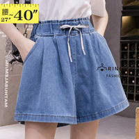 短褲裙--日常可愛甜美繫帶鬆緊褲頭兩側斜插口袋牛仔褲裙(藍M-5L)-R245眼圈熊中大尺碼