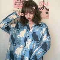 襯衫 2019新款夏季ulzzang韓版寬鬆貓咪雪紡少女上衣長袖襯衫 曼慕衣櫃