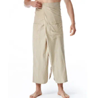 Thai Fisherman Wrap Pants Cotton Men Women Loose Yoga Medieval Japanese Samurai Pants Martial Arts Pirate Unisex Kimono Trousers