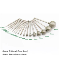 5pcs 0.5-16mm F-Needle Ball Type Electroplated Diamond Head 2.35/3mm Shank Burr Polishing Grinding Bits for Dremel Rotary Tools