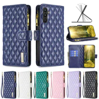 Zipper Lattice Graid Leather Wallet Phone Case For Samsung S23 Plus Ultra A34 A54 A23E A04 4G 5G Flip Ccover 50Pcs/Lot