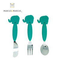 【加拿大 Marcus &amp; Marcus】動物樂園 不鏽鋼刀叉匙三件組-大象(綠)